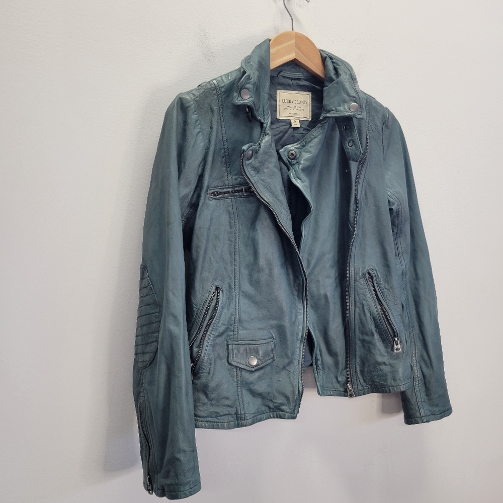 Lucky Brand Lamb Leather Blue Crop Moto Jacket